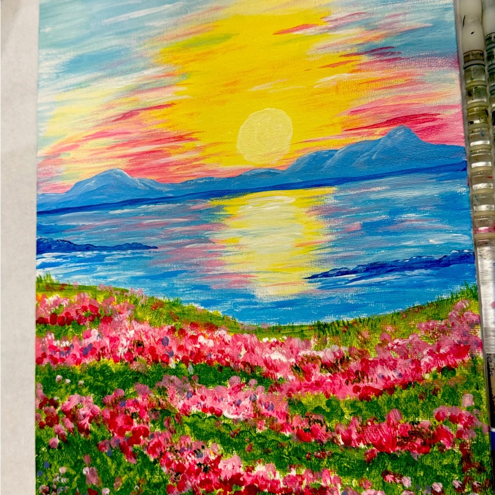 Sunset Over Floral Field Canvas Art